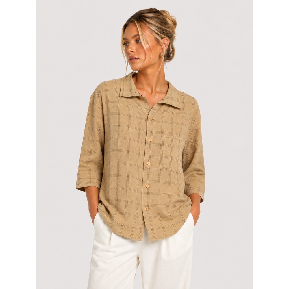 Armani Exchange Tan Plaid Linen Blend 3/4 Sleeve Button Up Shirt Size M